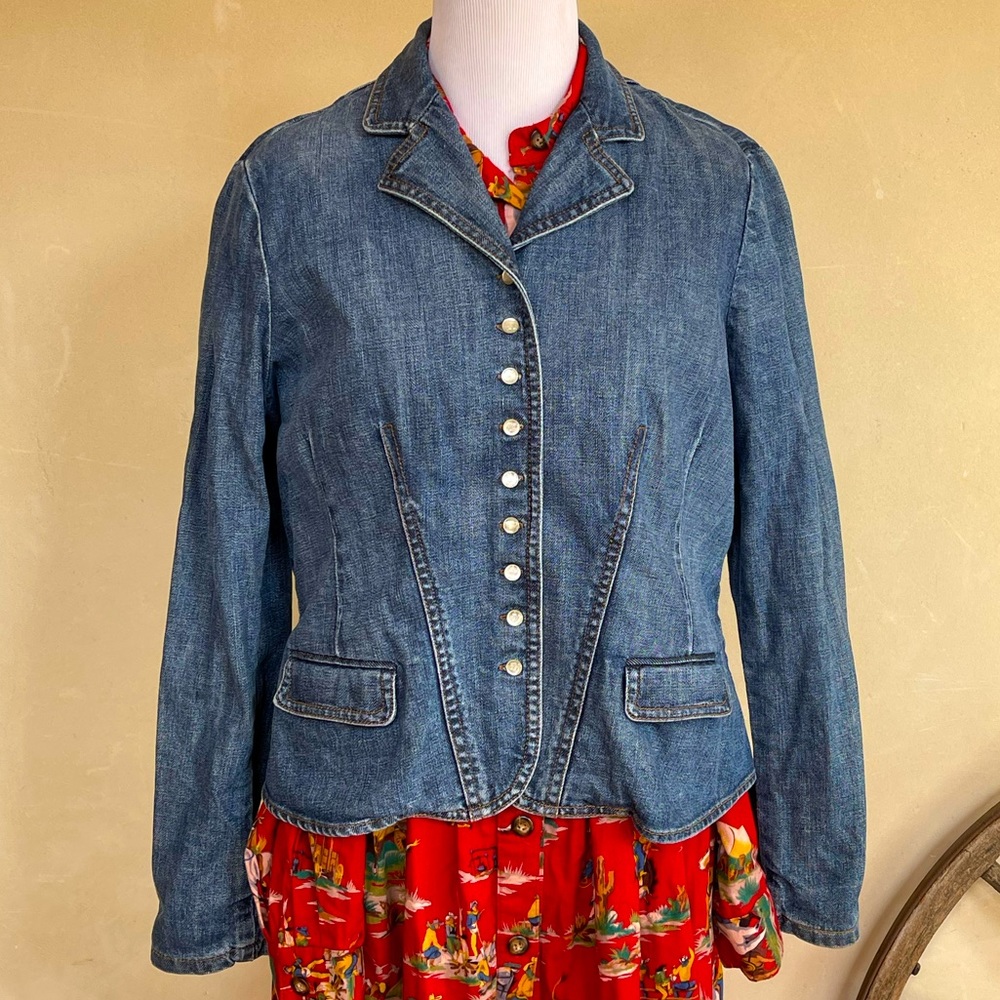 RALPH LAUREN Vtg 90’s Victorian Style Denim Jacket 17 RLL Monogram Buttons Sz PL